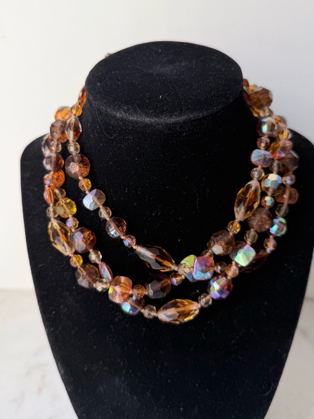 Vintage Mid-Century Triple Strand Iridescent Amber Glass Bead Choker Necklace